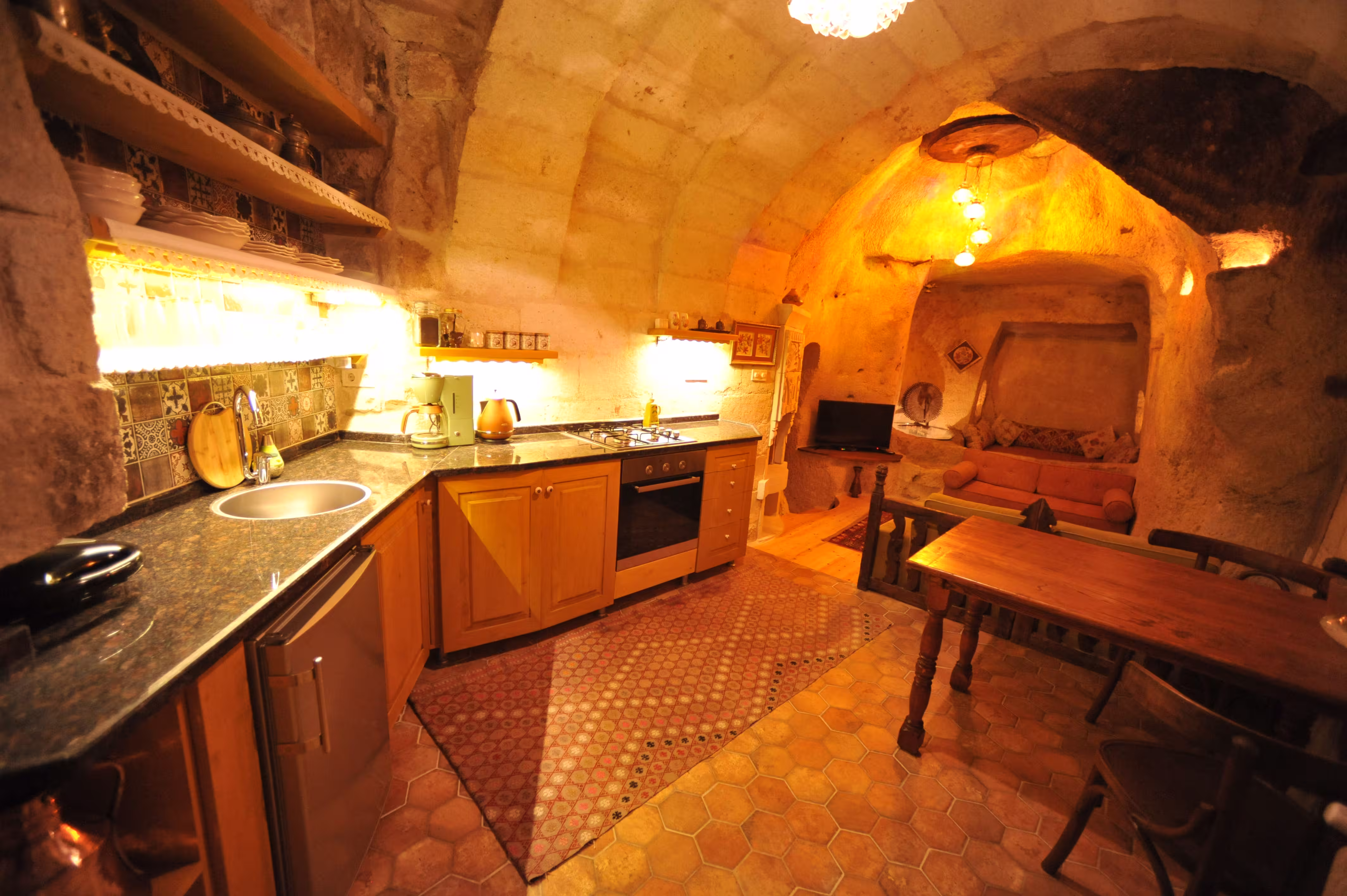 Stone wall kitchen, natural light